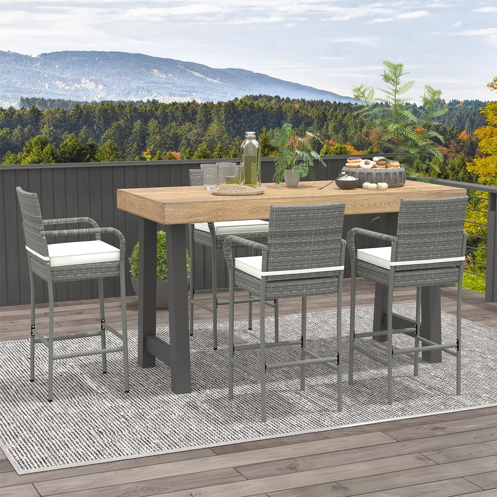 COSTWAY 4-Piece Wicker Bar Stool Set with Cushions - Patio Bar Height Chairs with Armrests & Footrests - Outdoor Rattan Barstools for Backyard, Deck, Pool - 400 lbs Weight Capacity - Mix Gray - Perfect for Outdoor Dining, Entertaining & Relaxing