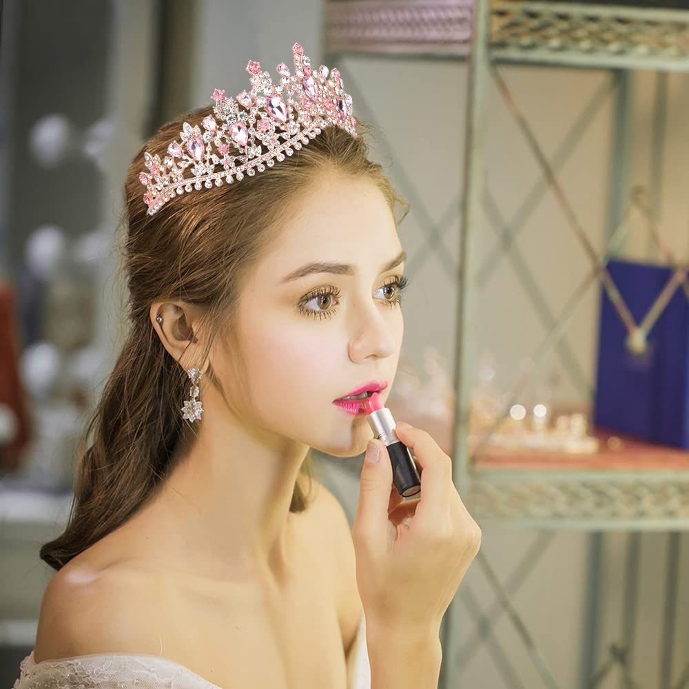 TOBATOBA Pink Crystal Wedding Tiara for Women - Elegant Princess Crown Headband, Royal Queen Metal Tiara for Quinceañera, Birthday, Prom, Halloween Costume Party | Perfect for Brides, Pageants & Special Occasions