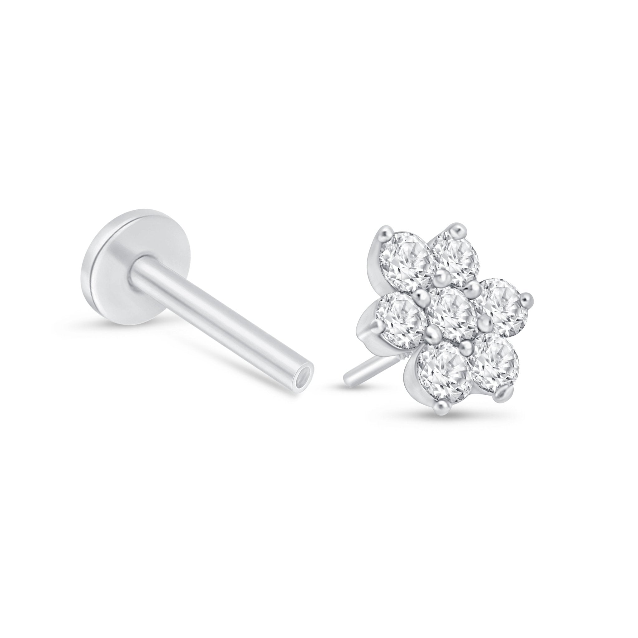 14k White Gold Seven Diamond Flower Flat Back Stud Earrings - Elegant & Dainty Jewelry for Women, Perfect for Weddings, Parties & Everyday Wear