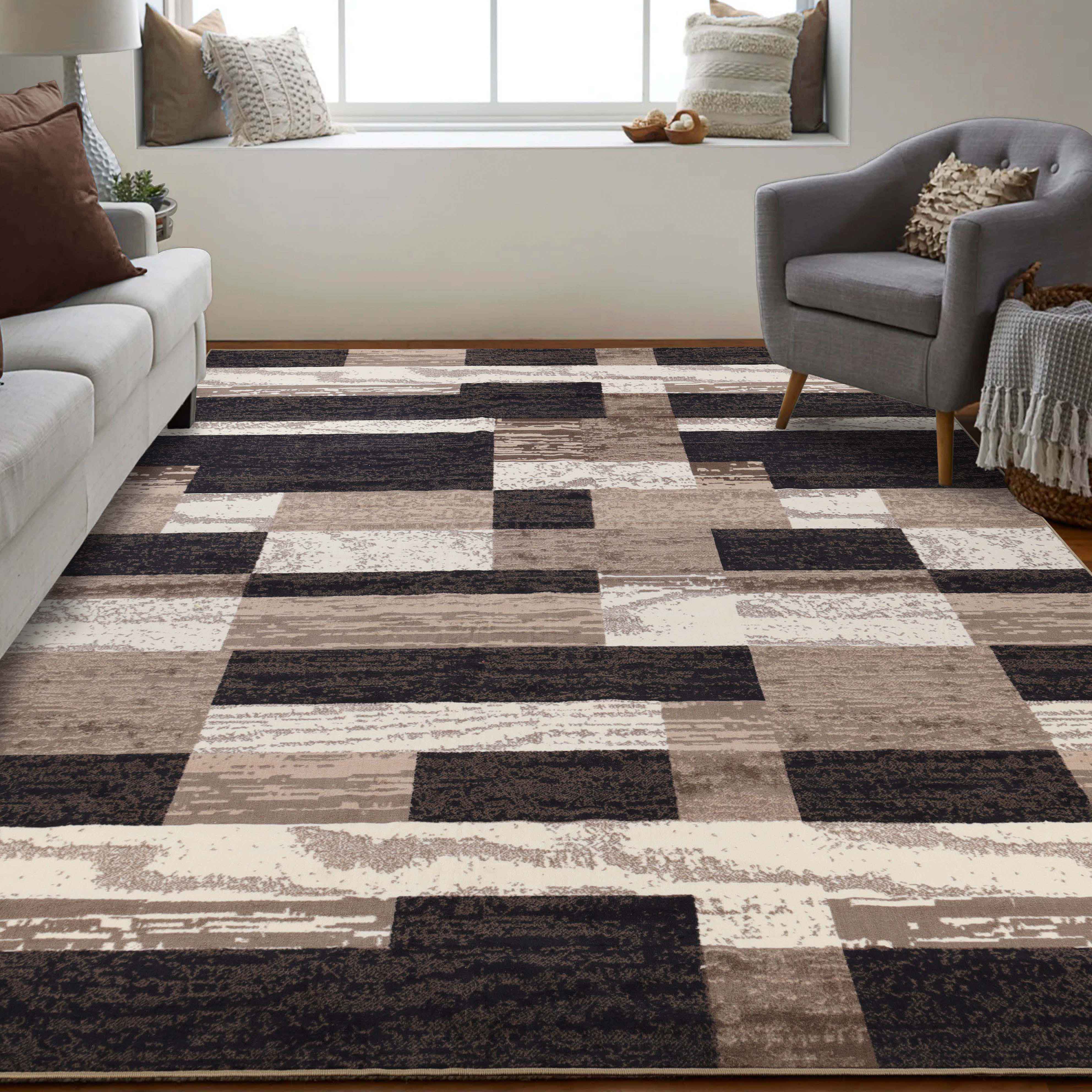 Stylish Rockwood Contemporary Geometric Patchwork Area Rug - Non-Slip Indoor Runner for Living Room, Bedroom & Office Decor