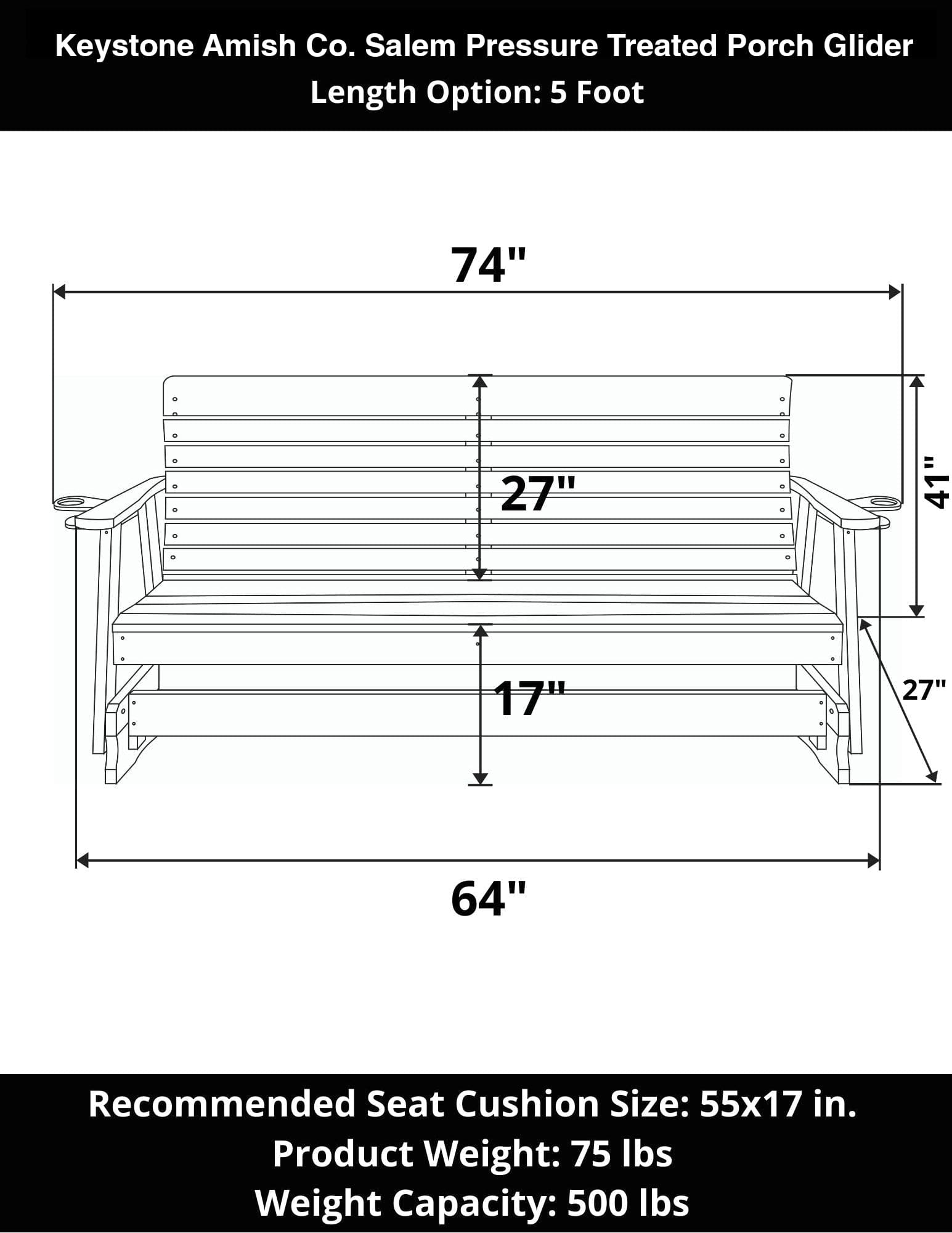 Keystone Amish Co. Salem Pressure Treated Porch Glider - Durable Outdoor Bench Swing for Patio, Garden & Backyard Relaxation