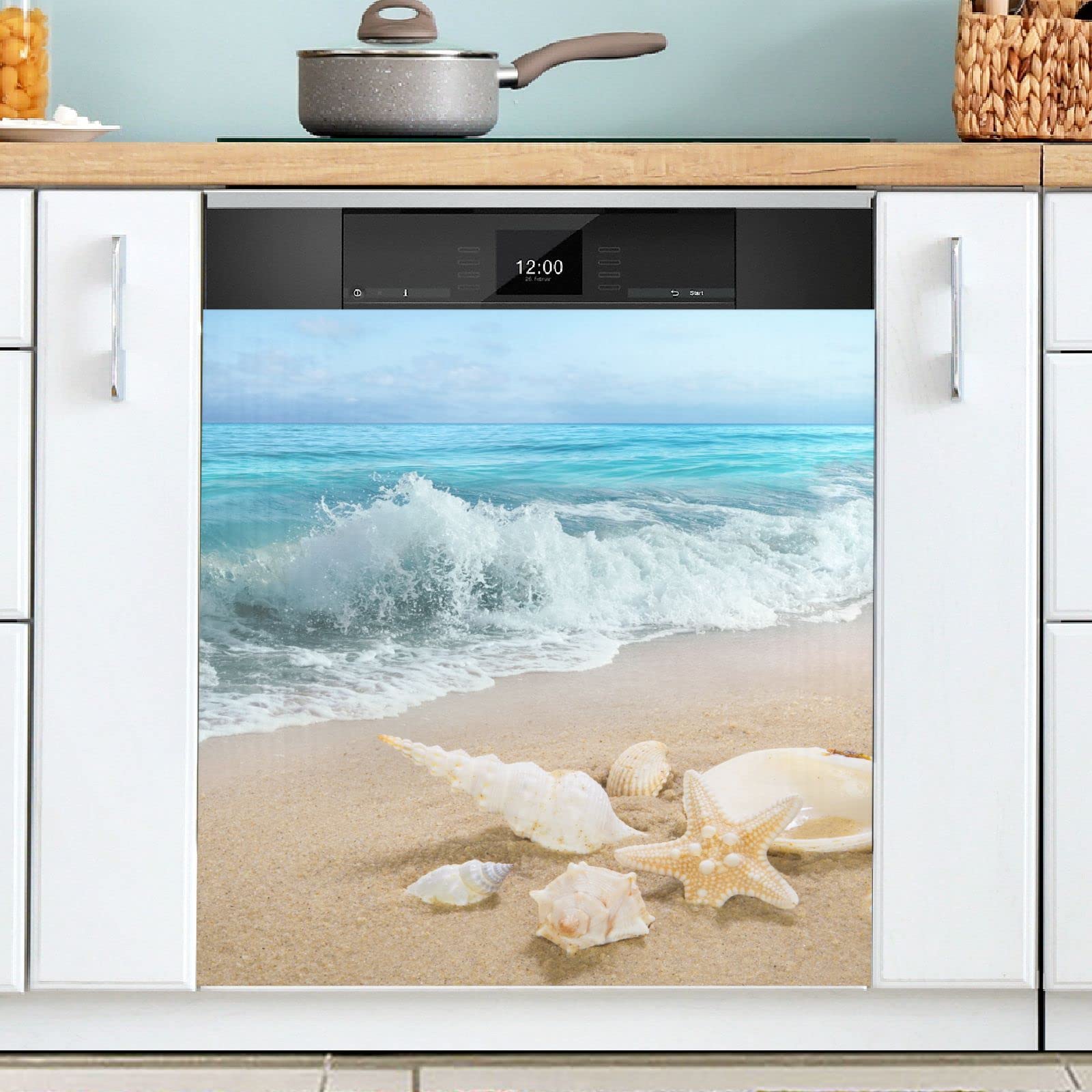 Summer Beach Seashell Starfish Magnetic Dishwasher Cover - Decorative Front Panel for Dishwasher & Refrigerator - Waterproof Kitchen Appliance Cover for Coastal Home Decor