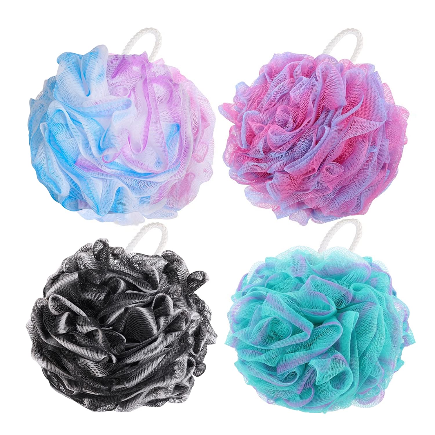 BTYMS 4-Pack Exfoliating Bath Sponges - 60g Premium Mesh Loofah Poufs for Shower & Body Scrub - Gentle Exfoliation for Smooth Skin - Perfect for Daily Shower, Spa Day & Gift Sets