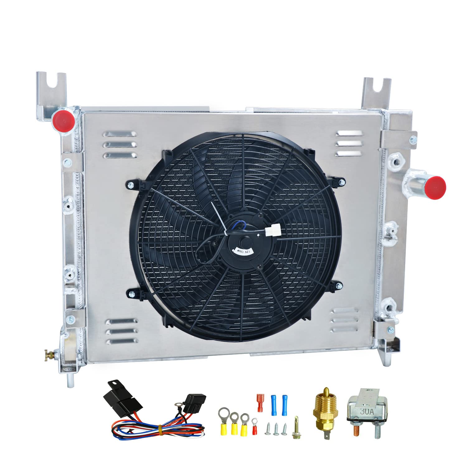 High-Performance 4-Row Aluminum Radiator for 2000-2004 Dodge Durango & Dakota - Fits 3.9L V6 & 4.7L V8 Engines - Includes Cooling Fan Shroud & Relay Kit - Perfect for Off-Roading & Heavy-Duty Towing