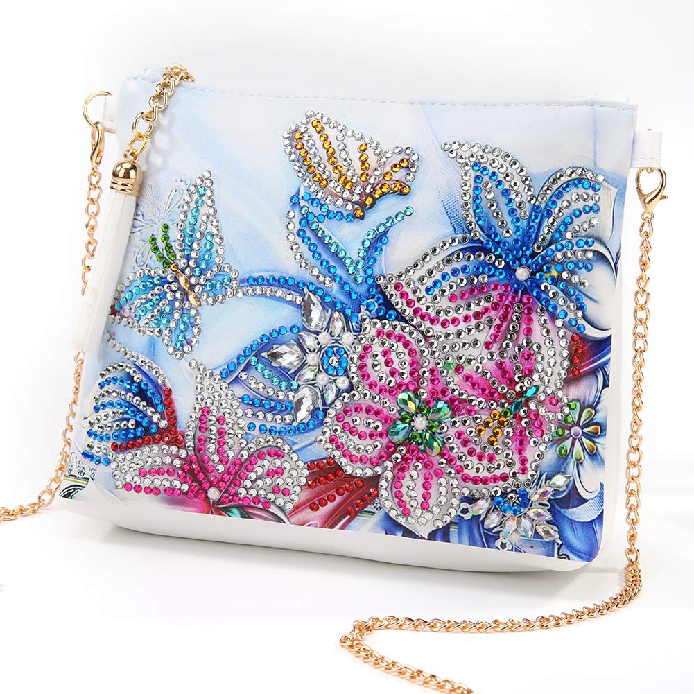 5D Diamond Painting Kits for Adults - DIY Rhinestone Cross Stitch Art Craft with Chain Cross-Body Handbag | Women's Shoulder Bag with Zipper | Perfect Gift for Women & Girls (Butterfly Flower Design) | Great for Parties, Travel & Everyday Use