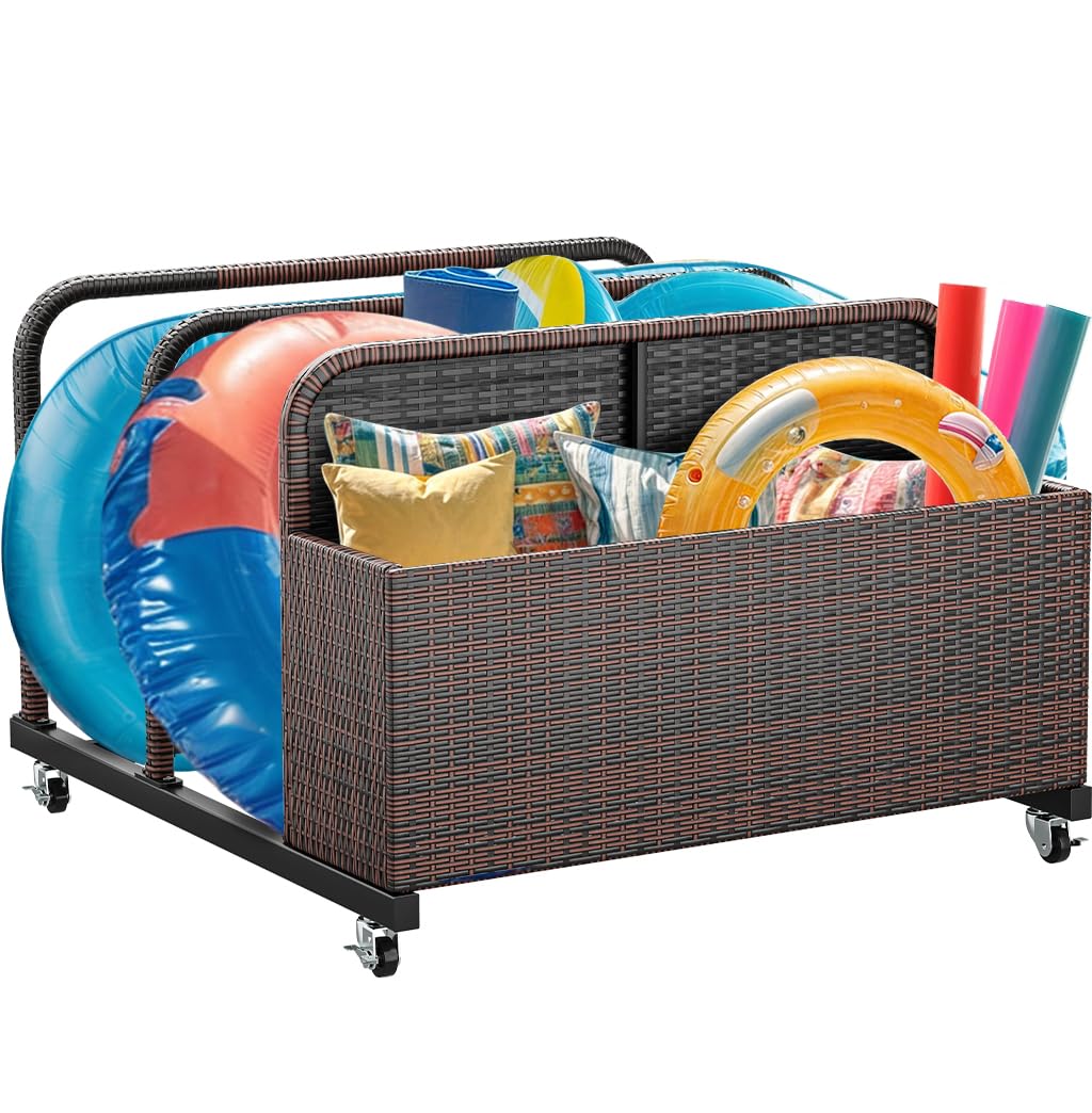 YITAHOME Outdoor Wicker Patio Storage Basket - PE Rattan Rolling Pool Float Caddy Organizer for Pool Toys, Beach Accessories, Life Vests, Floaties & Patio Furniture - Perfect for Backyard, Poolside & Beach Use (Brown)