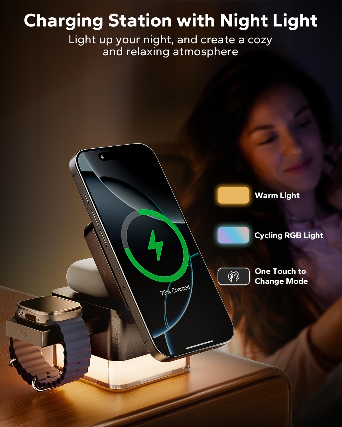 KPON 15W 3-in-1 Wireless Charging Station for iPhone 16/15/14/13/12 Series, Apple Watch & AirPods - Foldable Travel Nightstand Dock with Night Light - Compatible with Samsung Phones | Perfect for Bedroom, Office & Travel Use