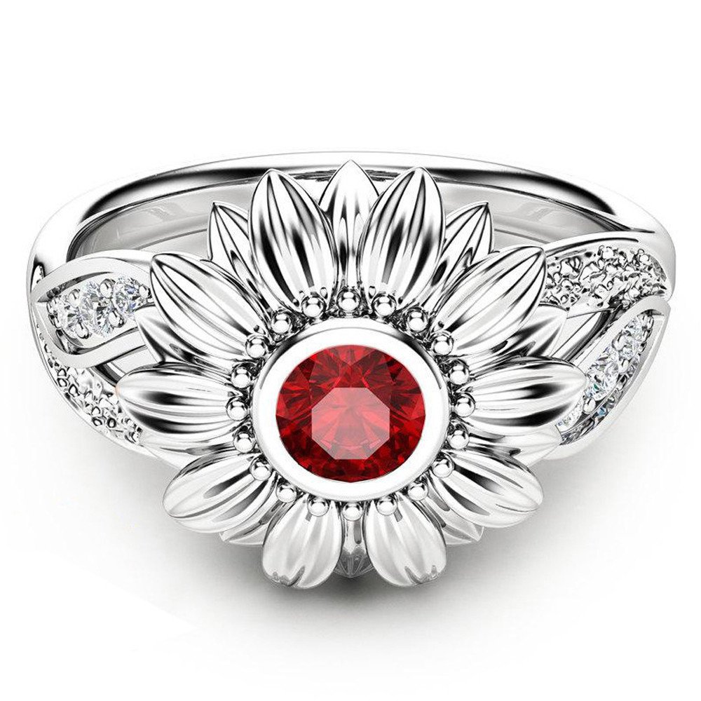 Vintage Floral Diamond Ring for Women - Two Tone Silver Red Sunflower Design, Round Cut Gemstone Jewelry - Perfect for Weddings, Anniversaries & Special Occasions