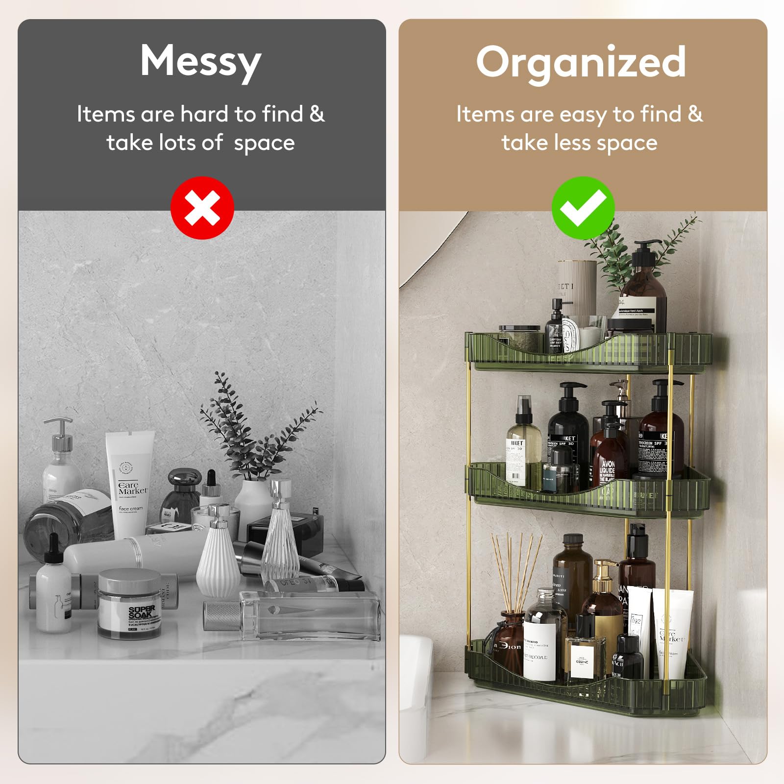 3-Tier Corner Bathroom Organizer - Plastic Makeup & Skincare Storage Shelf for Countertop, Sink Vanity - Perfect for Cosmetics, Perfumes in Bedroom, Dresser, Kitchen - Space-Saving Green Organizer for Bathroom & Home Decor