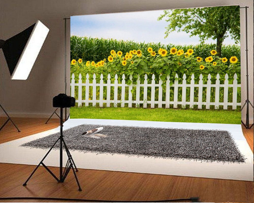 Baocicco 7x5ft Sunflower Garden Backdrop with Green Grassland & White Fence - Spring Summer Wedding Photo Booth Props for Children & Adults - Perfect for Outdoor Events, Birthday Parties, and Holiday Photography