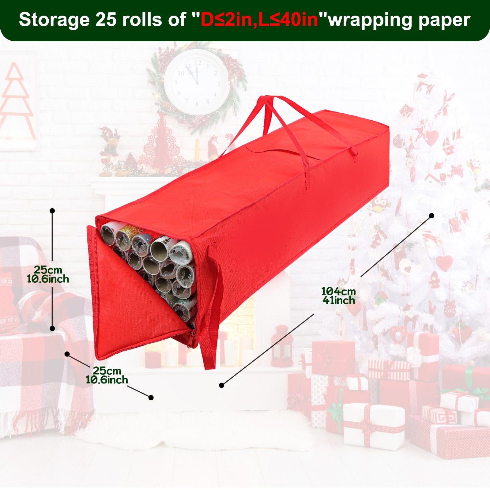 Demao Christmas Wrapping Paper Holder - 41 Inch Durable Storage Bag for Holiday Gift Wrap Rolls, Organizer Container Holds 21 Standard Rolls - Perfect for Christmas Decor Storage & Gift Wrapping Organization