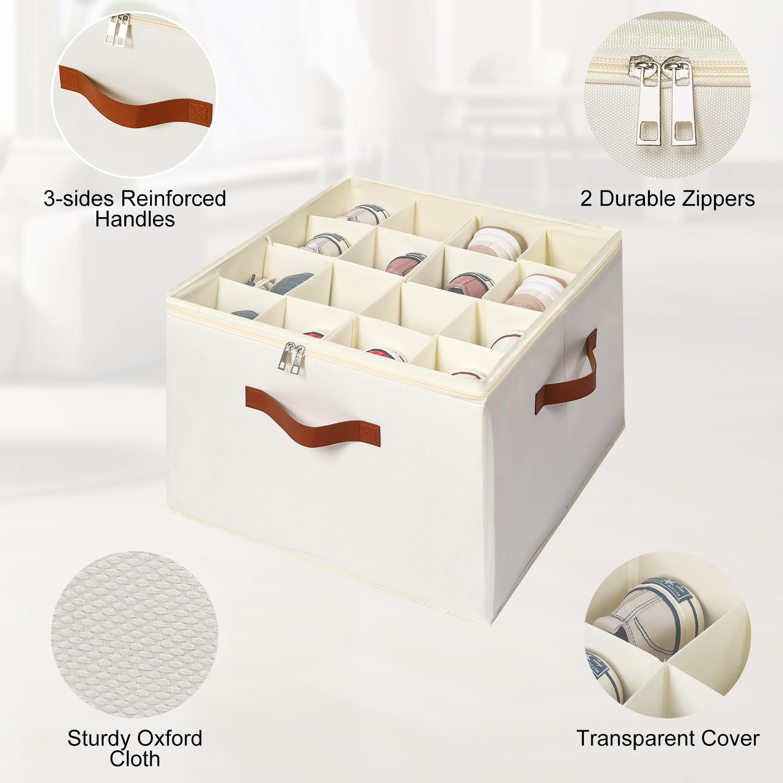 Foldable Shoe Storage Organizer for Closet - Clear Cover Shoe Box with Adjustable Dividers Holds 16 Pairs - Perfect for Bedroom, Entryway & Travel Organization (White)