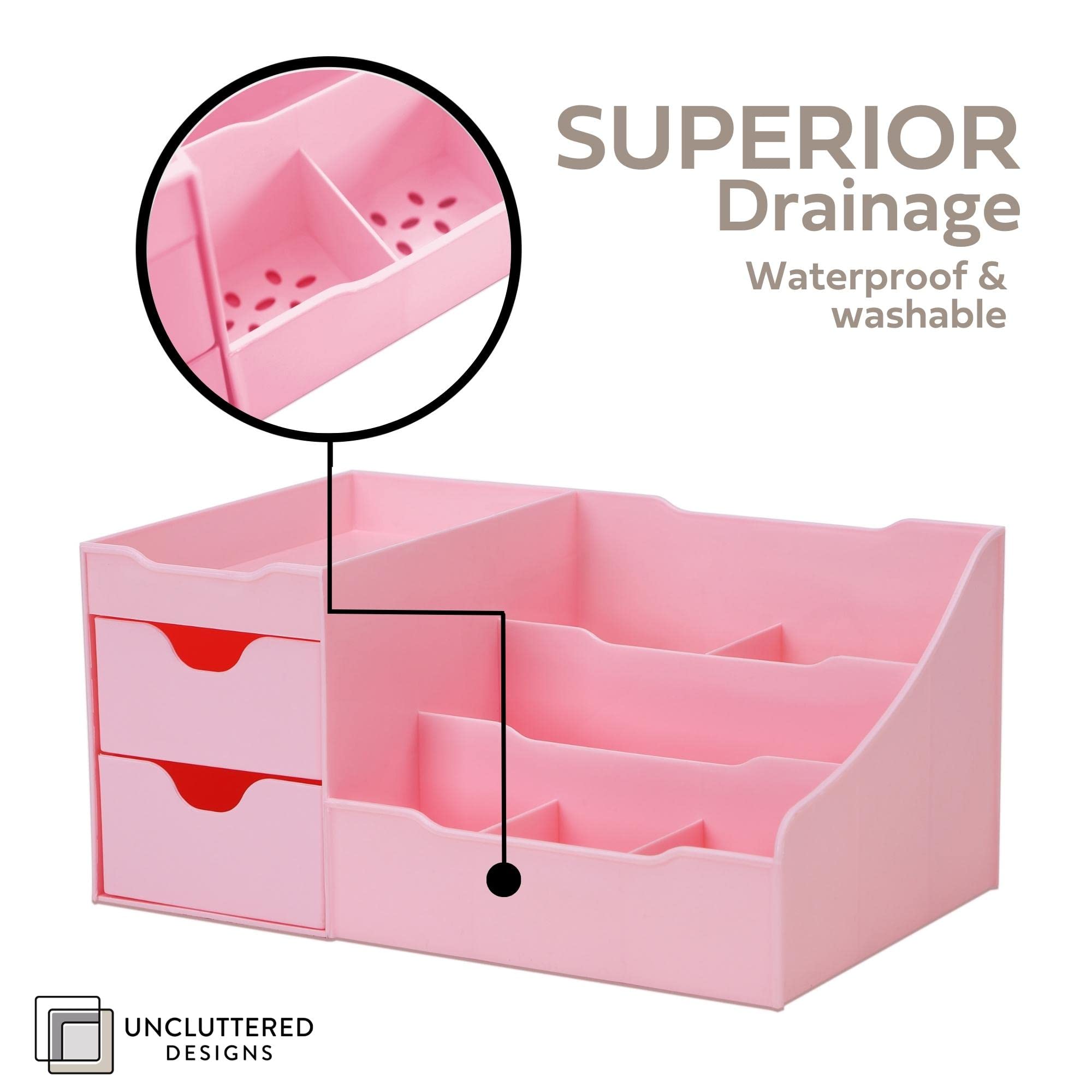 Kawaii Makeup Organizer with Drawers - Pink Cosmetic Storage for Vanity, Perfume, Skincare, Brushes & Lipstick | Compact Countertop Organizer for Nail Polish & Beauty Accessories | Perfect for Bedroom, Bathroom & Travel
