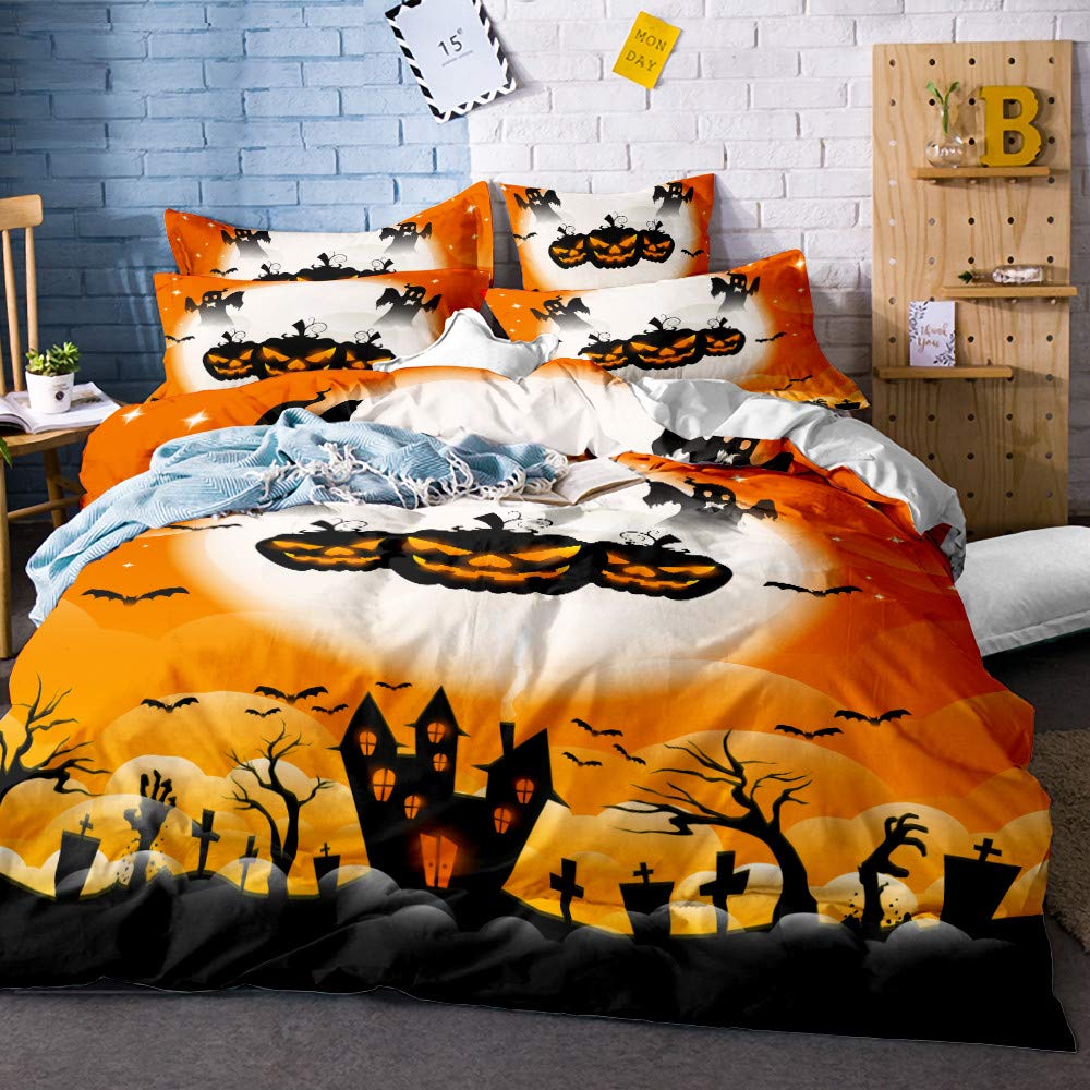 REALIN Halloween Duvet Cover Set - Pumpkin, Witch, Castle & Ghost Print - 2/3/4PCS Bedding Set with Quilt Cover, Sheets & Pillow Shams - Twin/Full/Queen/King Size (Queen-228x228cm-4PCS, Black) - Perfect for Spooky Bedroom Decor & Halloween Party Themes