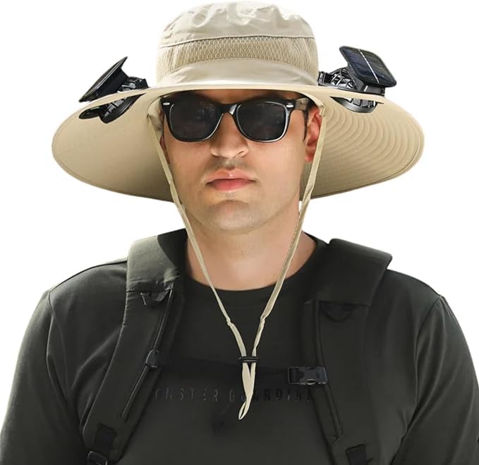 UPF 50+ Solar Fan Bucket Hat for Men & Women - Wide Brim Sun Hat with Built-in Cooling Fan for Outdoor, Fishing, Beach, Hiking & Gardening - UV Protection Summer Hat