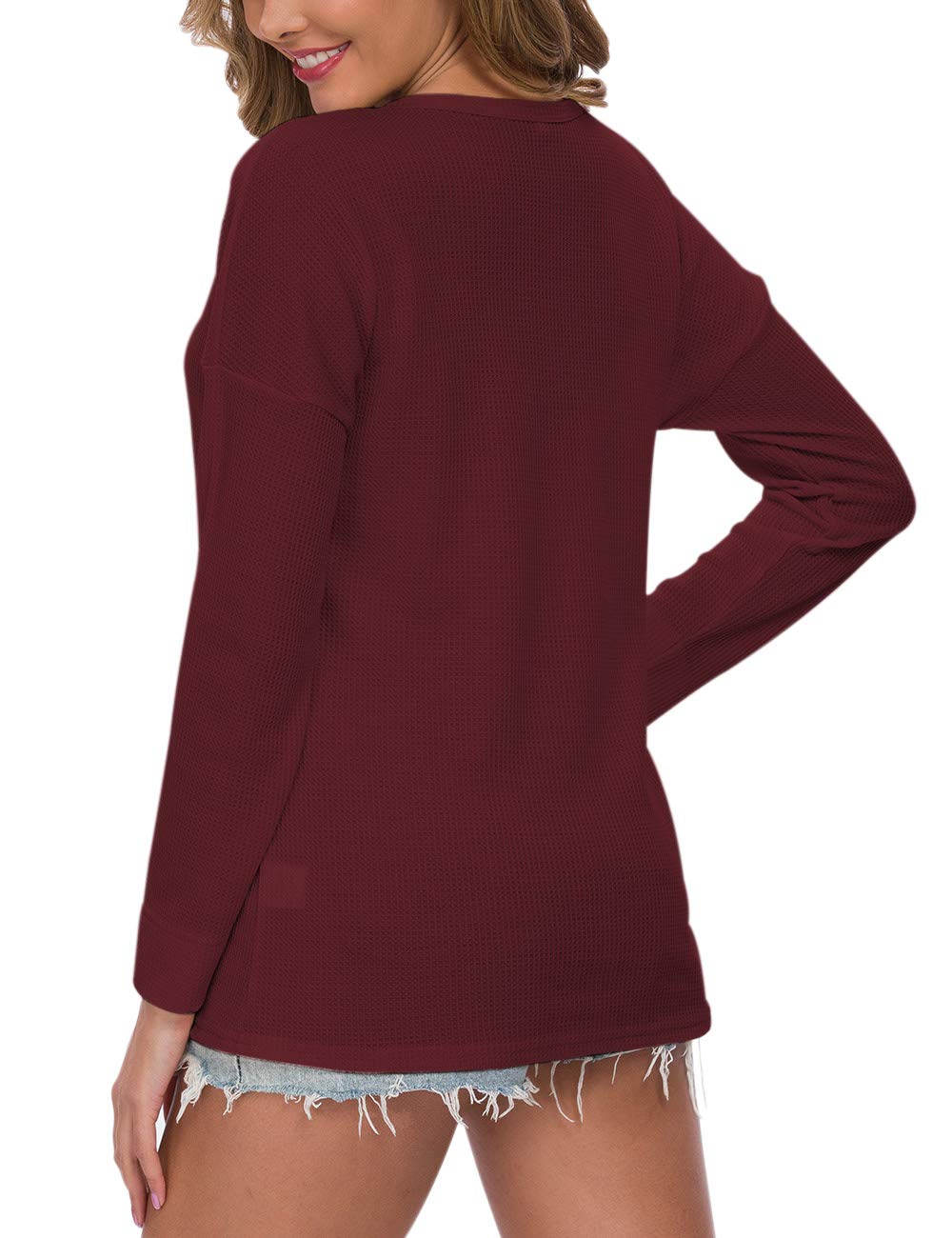WNEEDU Women's Waffle Knit Tunic Top - Loose Long Sleeve Button Up V-Neck Henley Shirt for Casual Wear, Office Outfits & Fall Layering