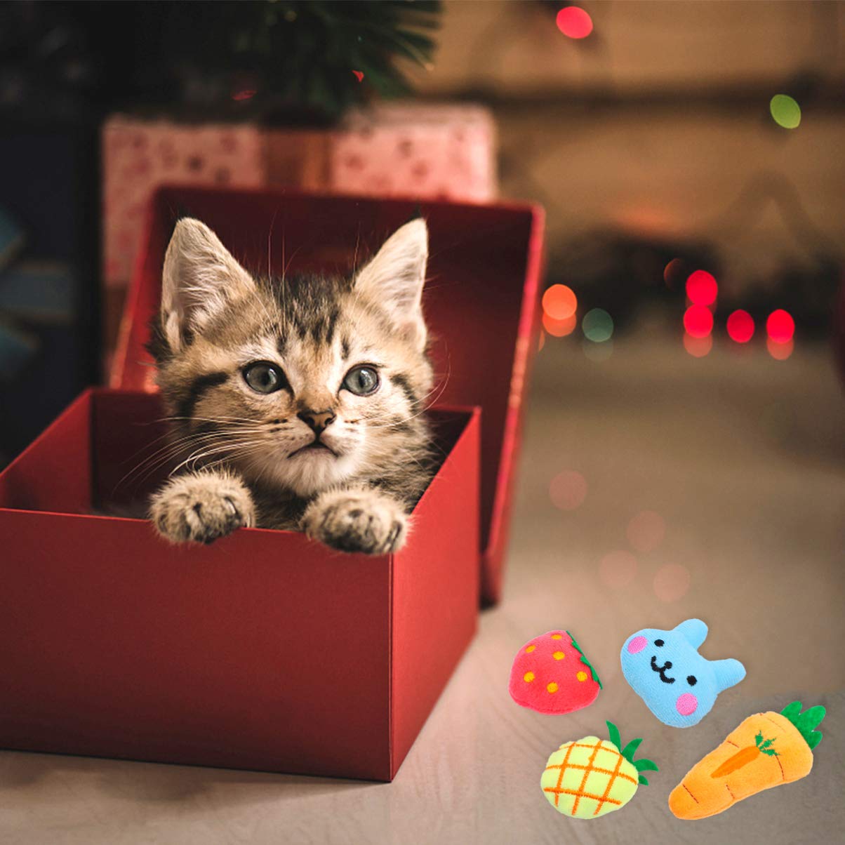 Balacoo 4Pcs Plush Kitten Chew Toys - Soft Cat Teething Toys with Cute Fruit Patterns for Teeth Cleaning, Play & Chewing | Perfect for Kittens & Adult Cats (Home, Travel, Interactive Play)