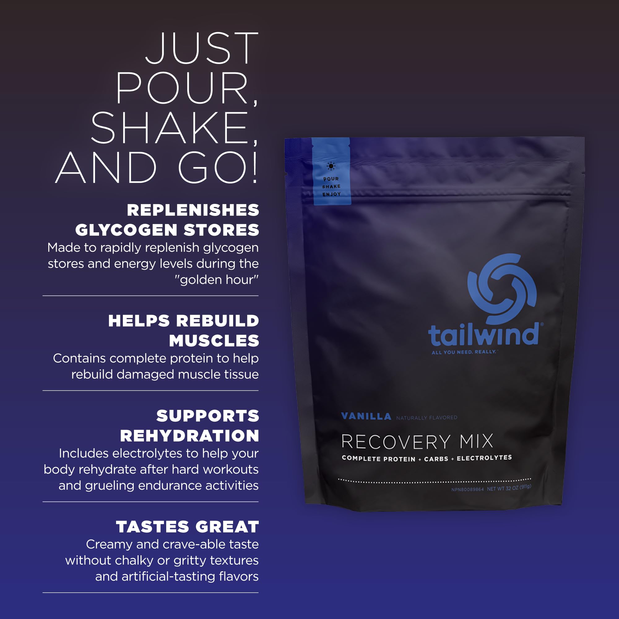 Tailwind Nutrition Recovery Mix - Complete Protein, Carbs & Electrolytes Powder | Vegan Post-Workout Drink | Gluten, Soy & Dairy Free | Vanilla Flavor (15 Servings) | Ideal for Gym Recovery, Hiking & Endurance Sports
