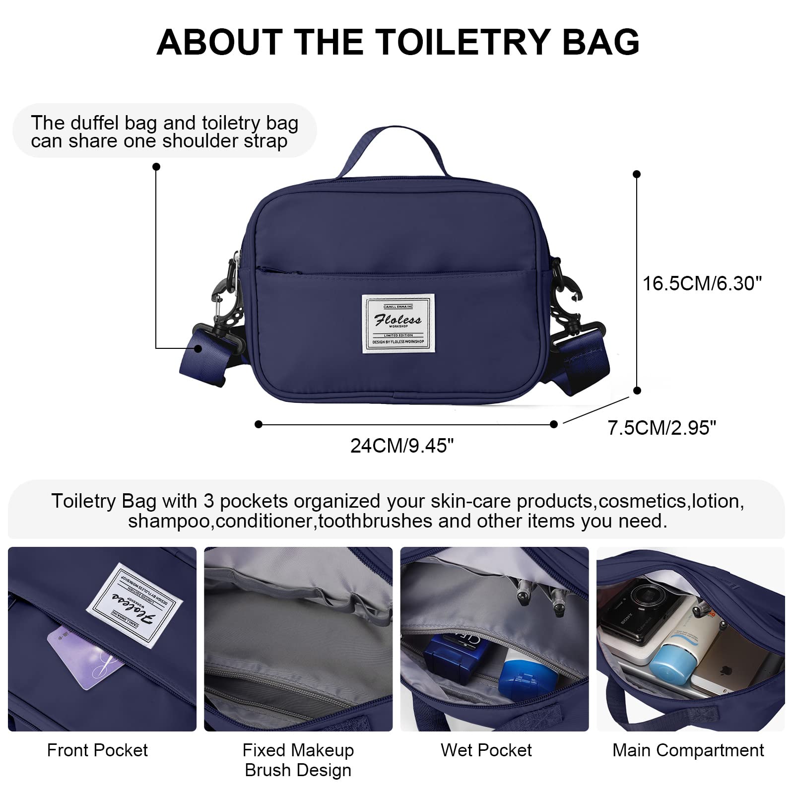 Women's Dark Blue Travel Duffel Bag with Toiletry Pouch - Waterproof Sports Tote Gym Bag & Shoulder Weekender Overnight Bag for Workouts, Yoga, Business Trips and Weekend Getaways