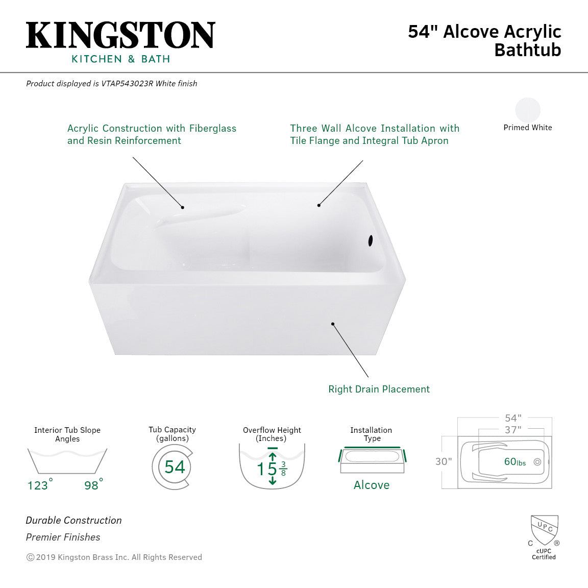 Aqua Eden 54-Inch Acrylic Rectangular 3-Wall Alcove Bathtub with Armrest & Right Drain - Glossy White - Perfect for Small Bathrooms & Spa-Like Relaxation