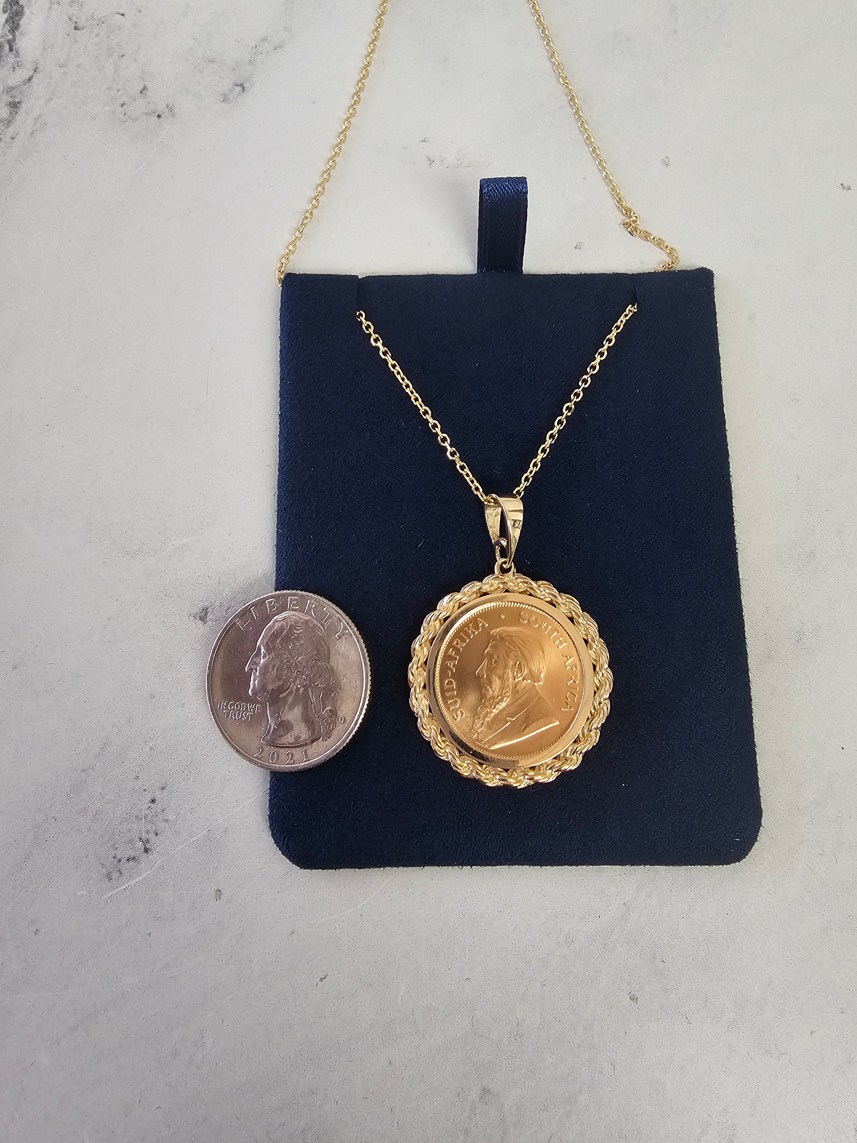 1/4 oz South African Krugerrand Coin Necklace with Rope Halo - Gold Bullion Jewelry for Men & Women, Perfect for Gifts, Investment & Fashion Accessories