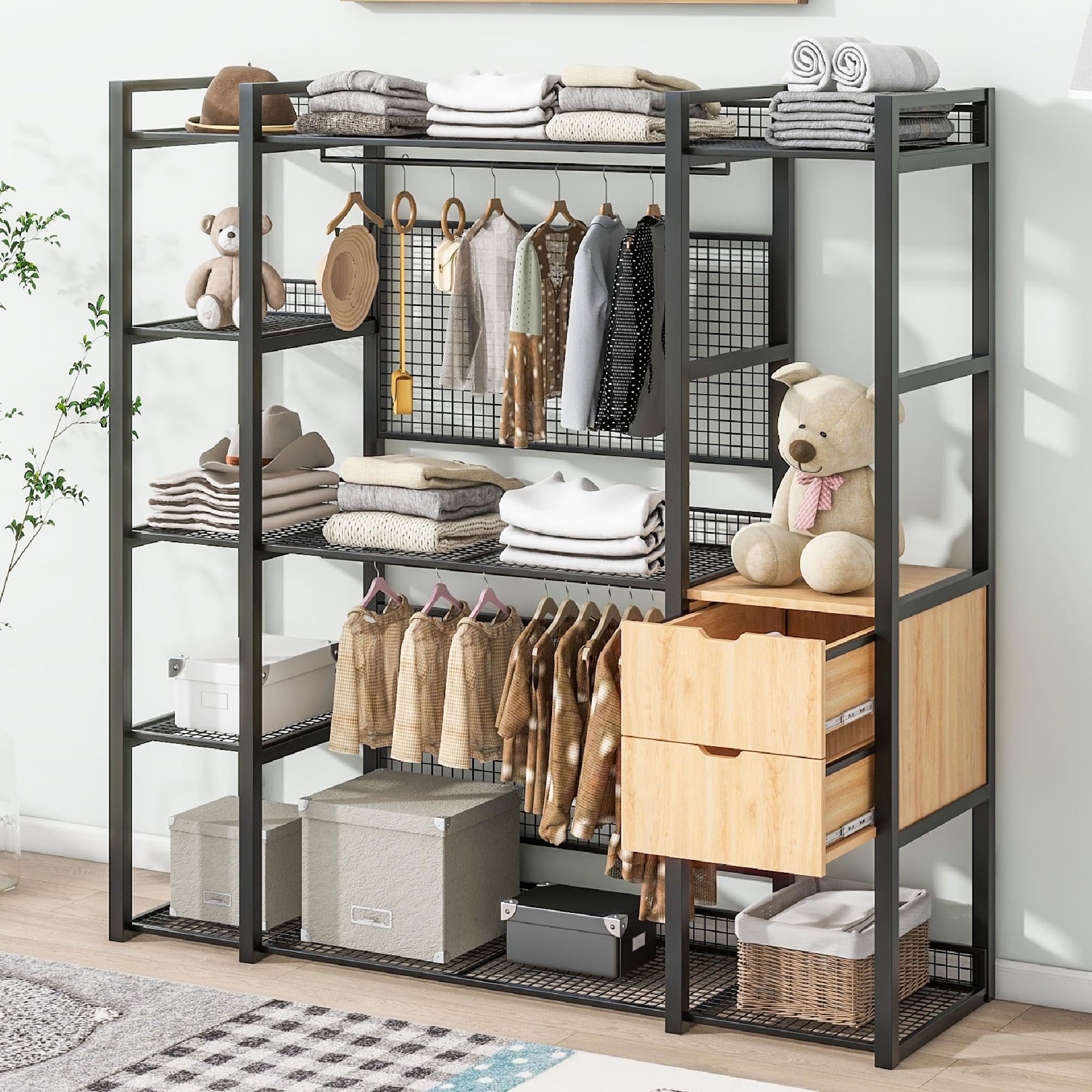 Mertax Open-Style Wardrobe Closet Organizer with Hanging Rails, Shelves & Drawers - Free Standing Portable Clothing Rack for Bedroom, Easy Assembly, Black - Perfect for Small Spaces, Dorm Rooms & Apartment Living