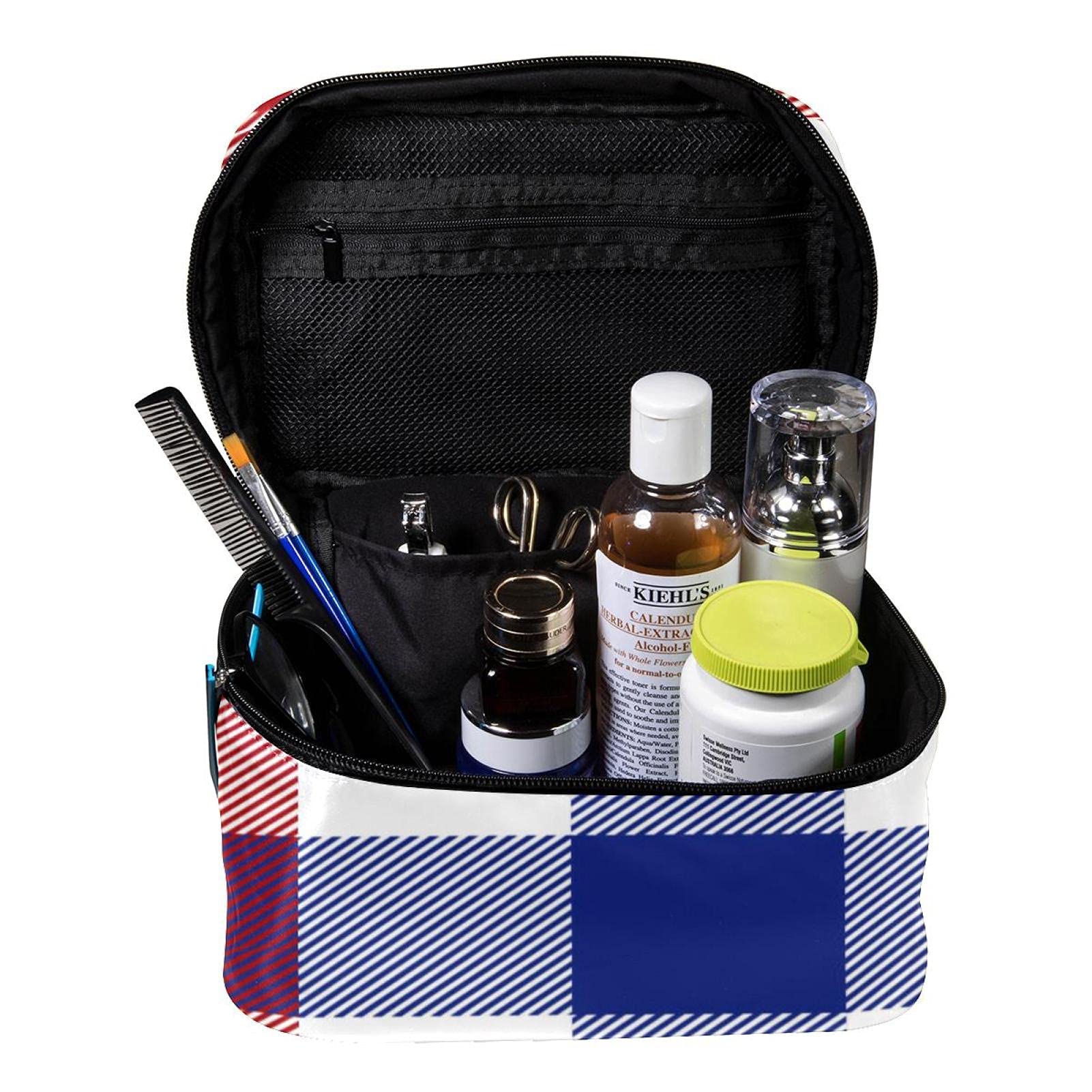 Blue Red White Plaid Travel Makeup Bag - Large Cosmetic Organizer with Zipper - Waterproof Toiletry Bag for Women & Girls - Perfect for Travel, Gym, and Daily Essentials Storage