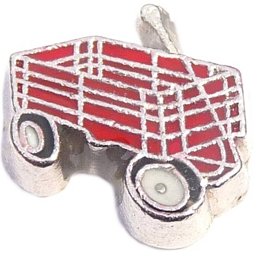 Vintage Red Wagon Silvertone Trim Floating Locket Charm Pendant - Perfect for Necklaces, Bracelets & DIY Jewelry Making - Great Gift for Birthdays, Anniversaries & Special Occasions