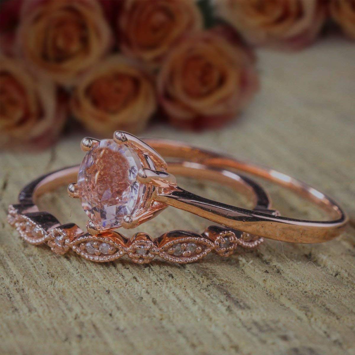1.25 Carat Round Cut Morganite & Diamond Wedding Ring Set in 18K Gold Plating - Vintage Bridal Jewelry for Engagement, Anniversary & Special Occasions