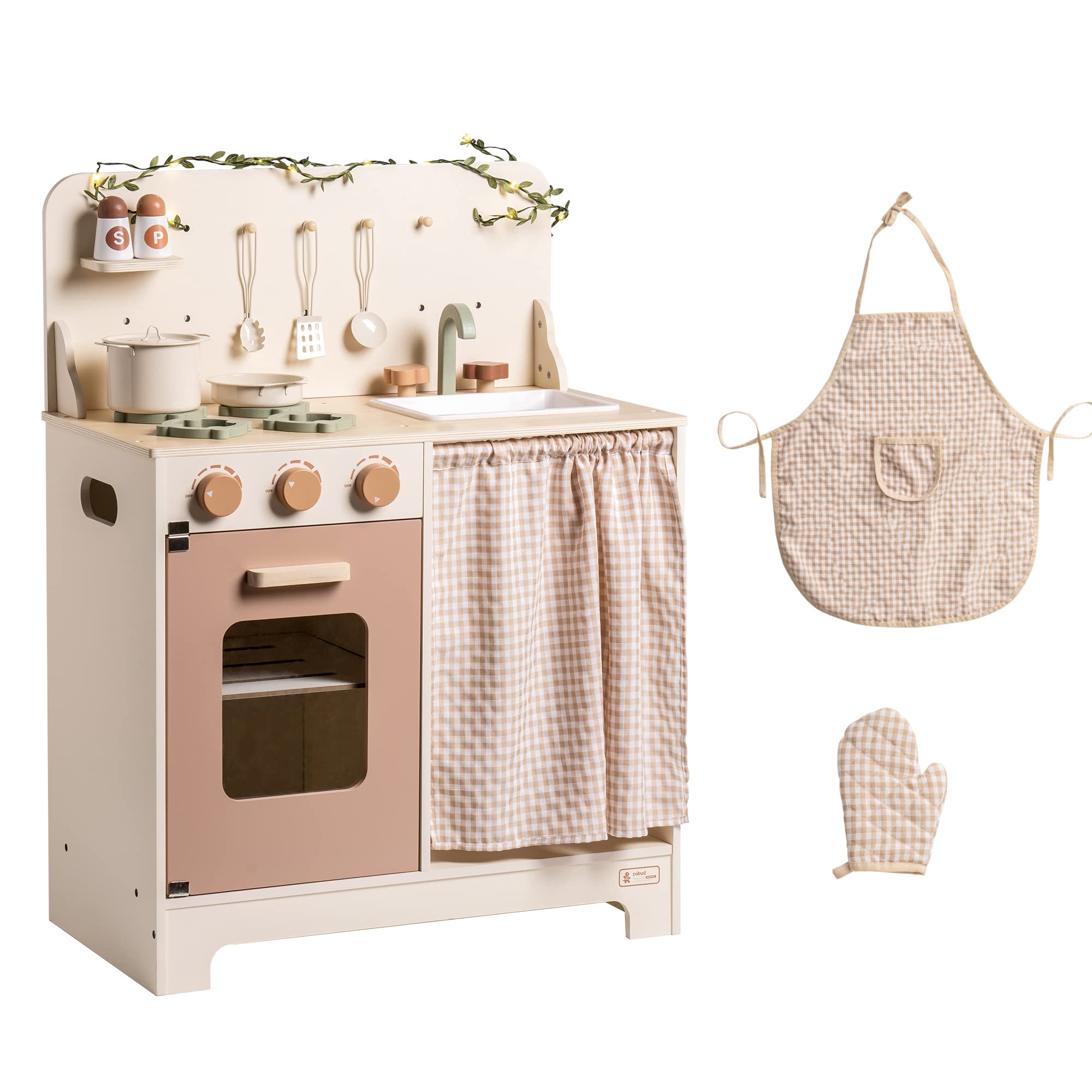 ROBOTIME Rustic Wooden Play Kitchen Set for Kids - Pretend Play Kitchen with Leaf Light String, Apron, and Gloves, Perfect for Toddlers 3+ (Rustic Style) - Ideal for Home, Preschool, and Daycare Pretend Play