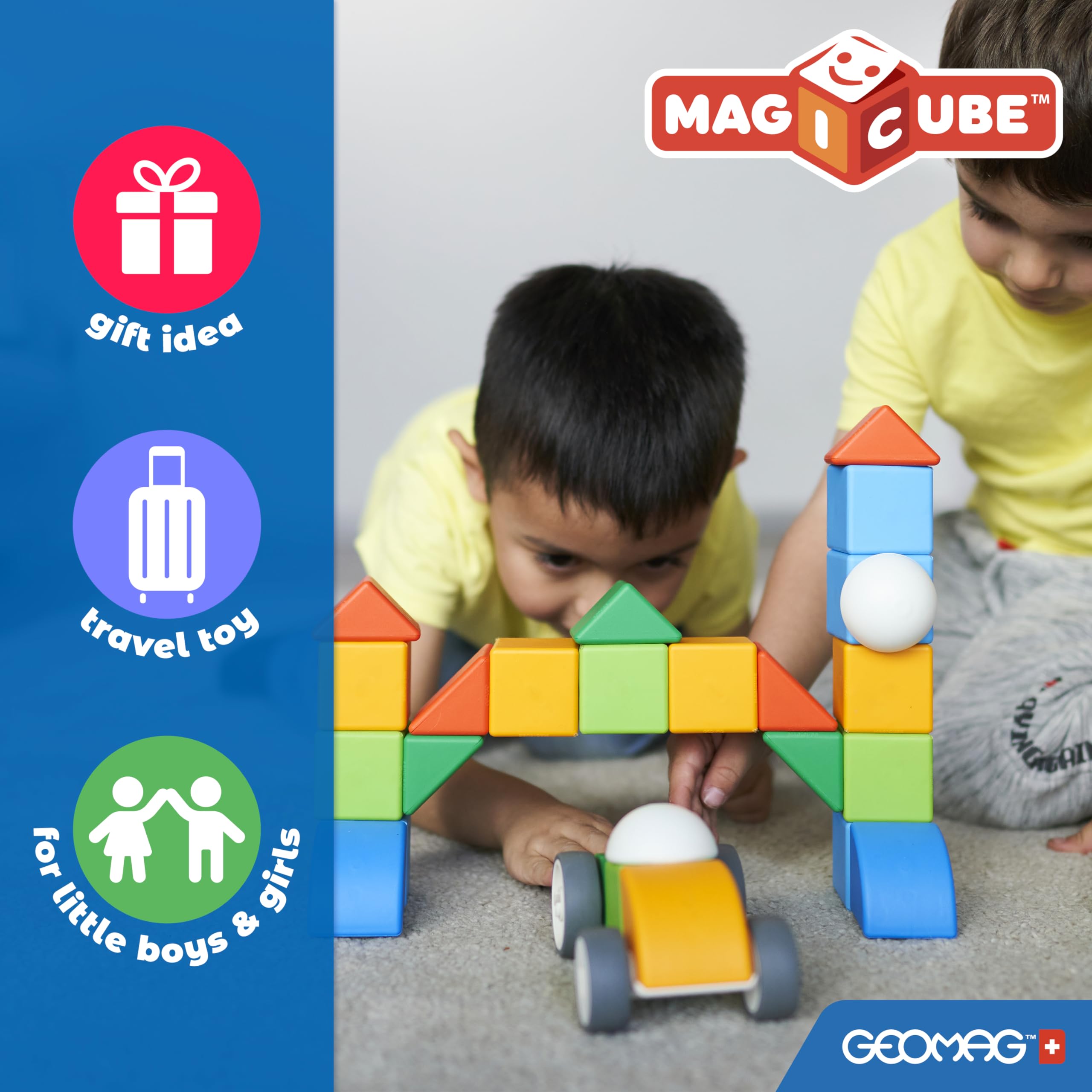 Geomag MagiCube 64-Piece Magnetic Building Blocks Set for Toddlers & Kids Ages 1-5 | STEM Educational Toys for Early Learning | Swiss-Made 100% Recycled Plastic | Creative Construction Play for Preschool & Kindergarten | Perfect for Home, Classroom & Daycare Activities