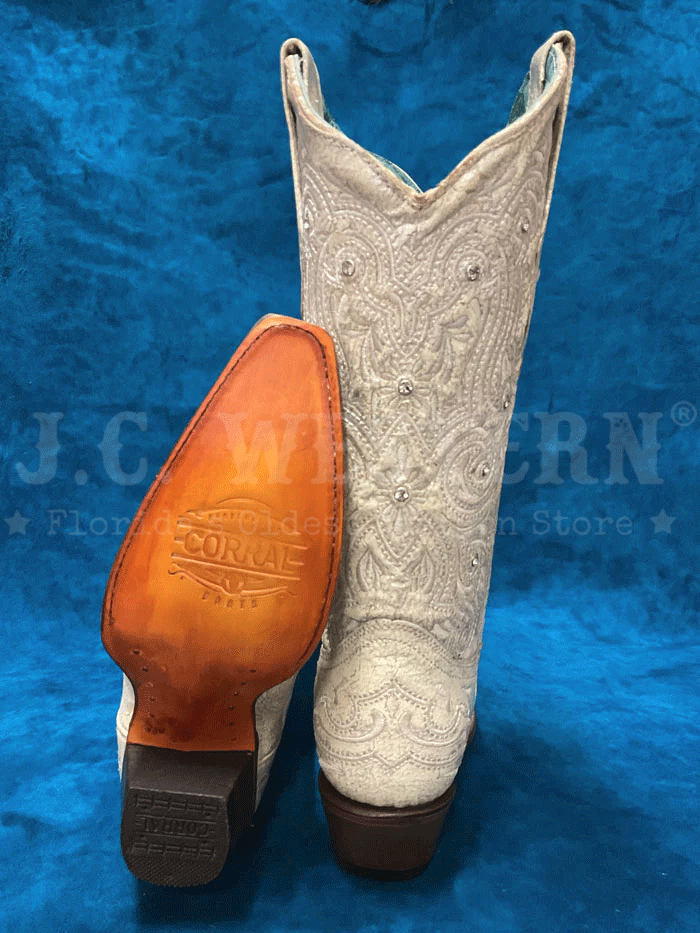 Corral Z5123 Women's Embroidered & Crystal Western Boots in Bone - Perfect for Country Dancing, Rodeos, and Western Fashion