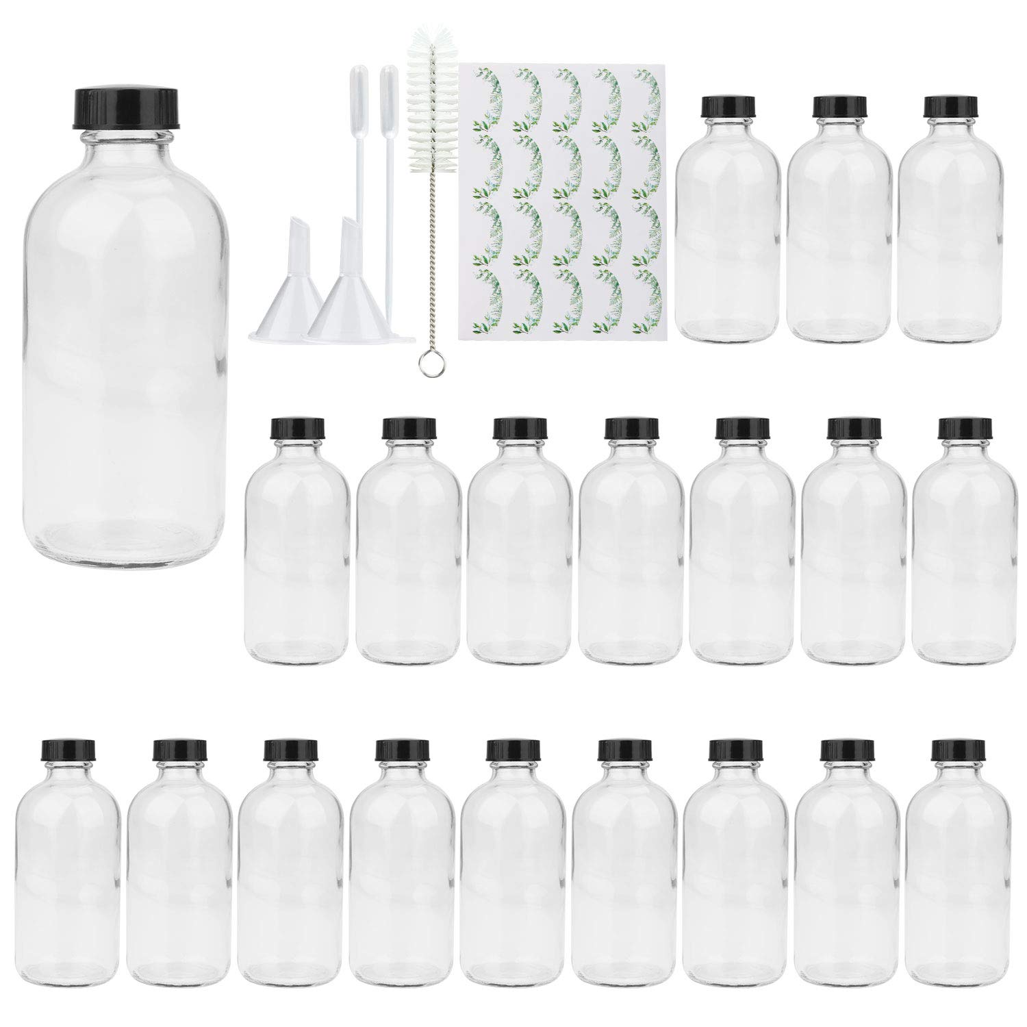 8oz Clear Glass Bottle Set of 20 - Reusable Airtight Glass Containers for Shampoo, Conditioner, Essential Oils, DIY Beauty Products - Perfect for Home, Salon & Travel Storage