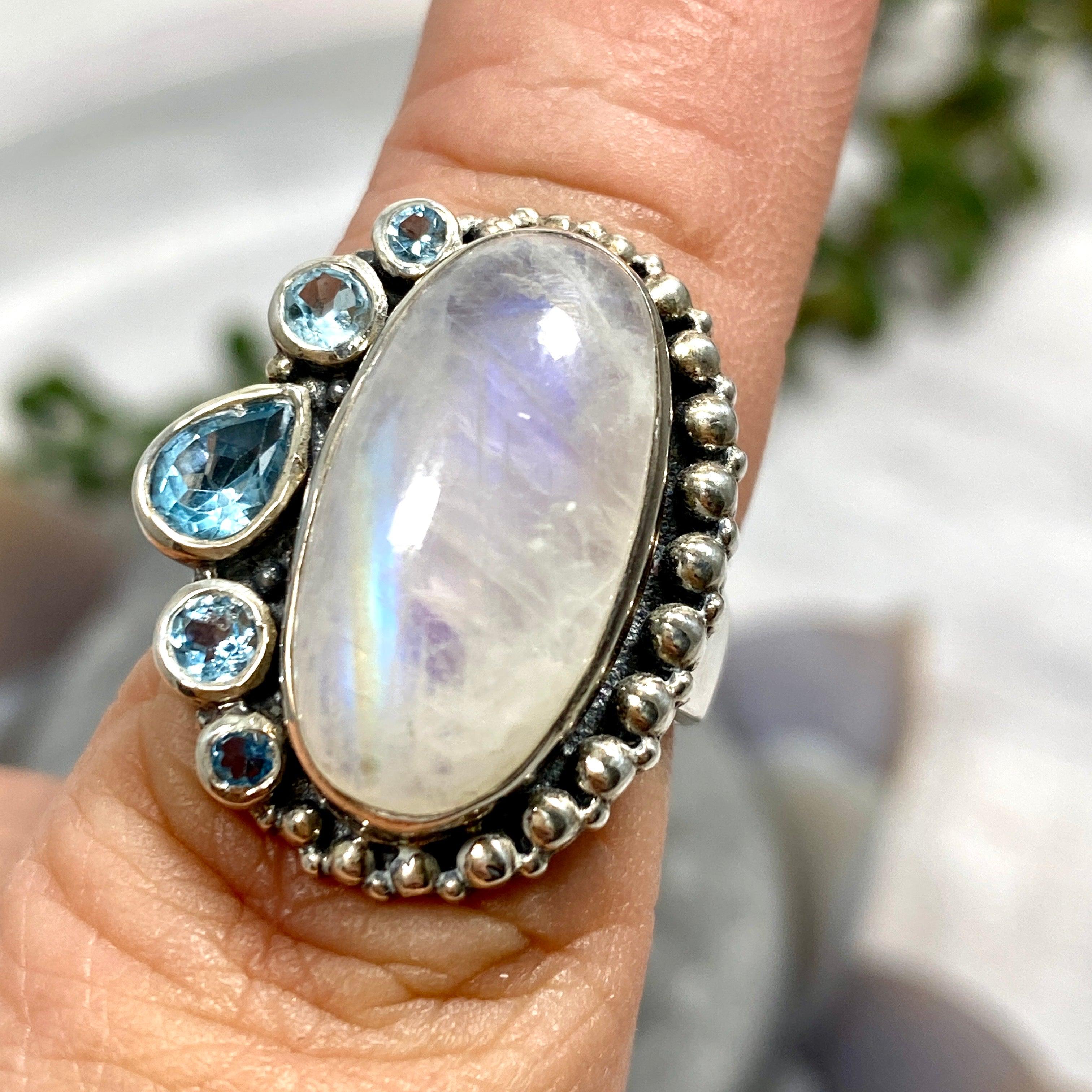 Moonstone and Blue Topaz Multi-Stone Ring - Size 7 - Elegant Handmade Jewelry for Women - Perfect for Weddings, Parties & Special Occasions