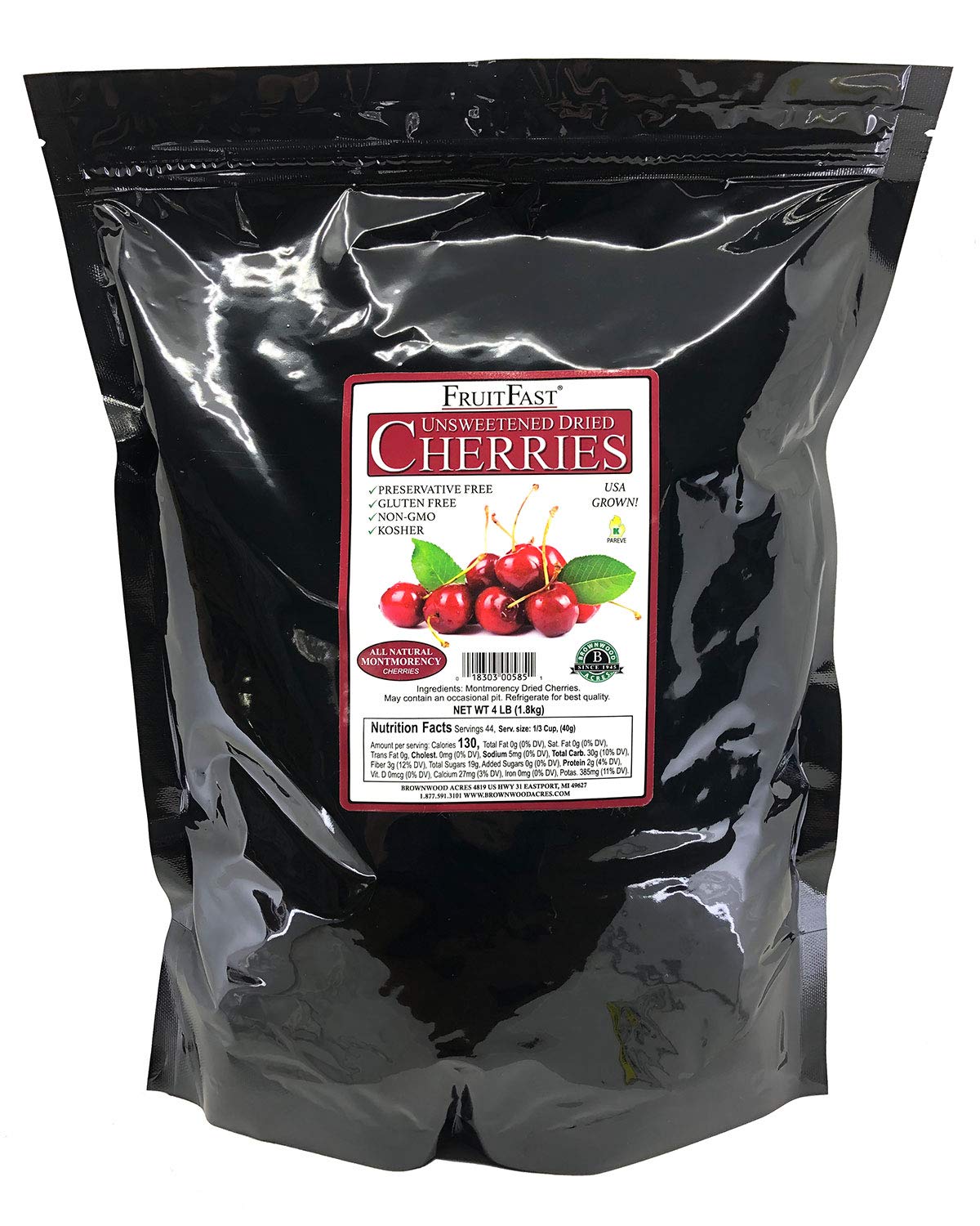 Brownwood Acres Unsweetened Dried Cherries - Non-GMO, Gluten Free, Kosher Certified All Natural Healthy Snack - No Added Sugars, Oils or Fillers - Pure Michigan Cherries (4 Pound) - Perfect for Baking, Trail Mix & Healthy Snacking
