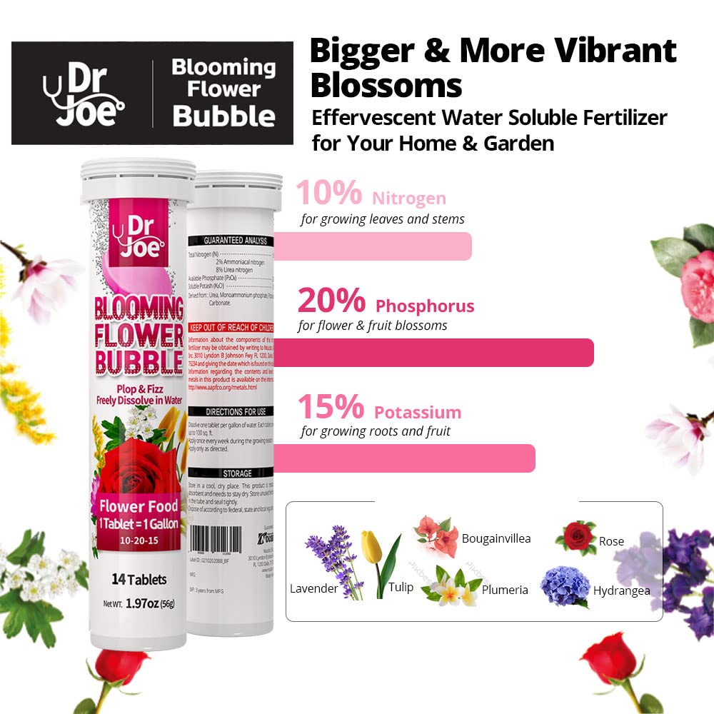 Dr. Joe Blooming Flower Bubble Plant Food - Fast-Acting Water Soluble Fertilizer Tablets (14 Count, Makes 14 Gallons, NPK 10-20-15) for Indoor/Outdoor Flowers, Roses & Houseplants - Promotes Vibrant Blooms & Healthy Growth