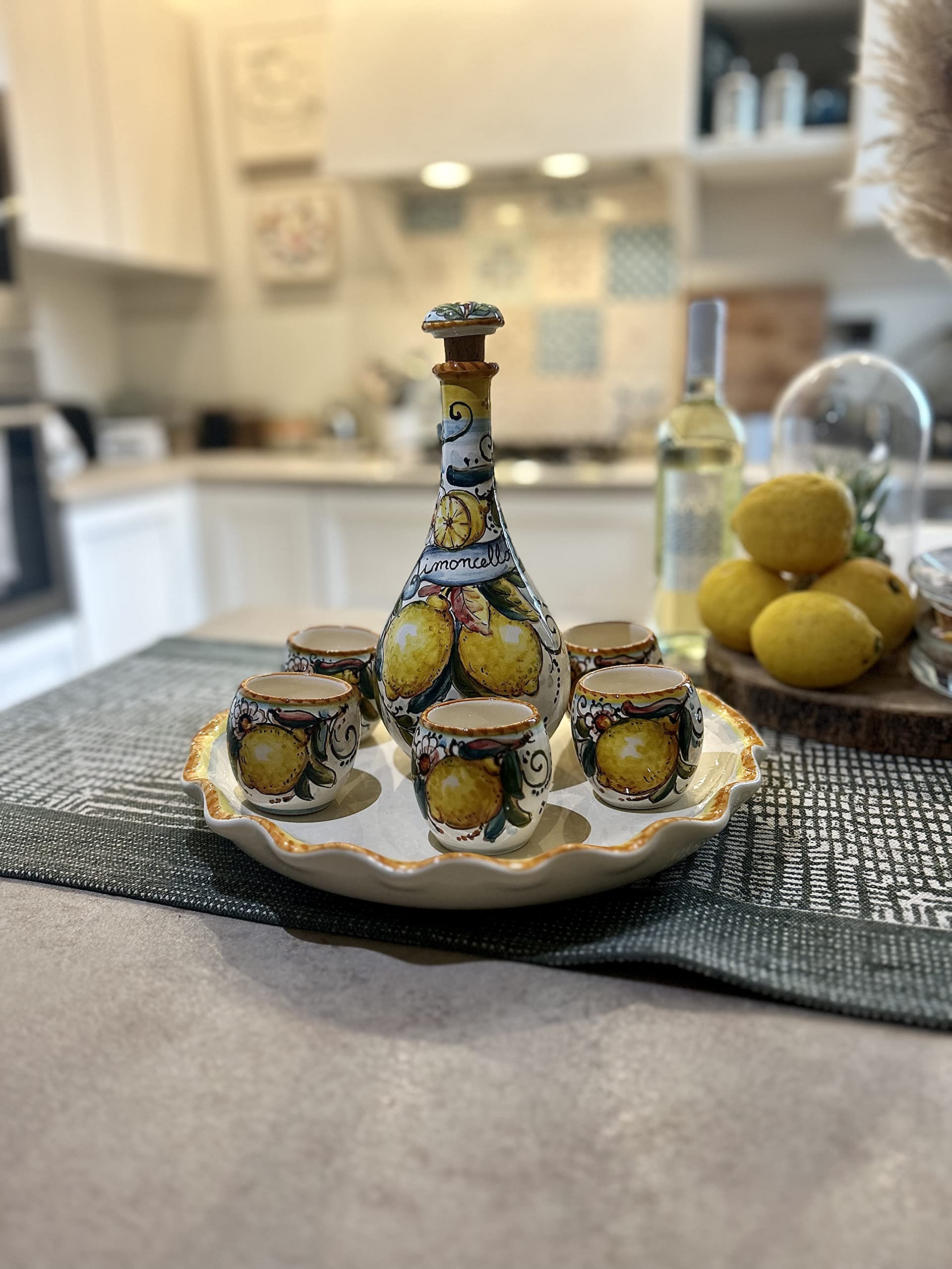 Italian Ceramic Pottery Set - Hand Painted Tuscan Limoncello Shot Glasses with Tray & Bottle (6 Cups) - Authentic Made in Italy Lemon Decor - Perfect for Home Bar, Gift Giving & Italian-Themed Parties