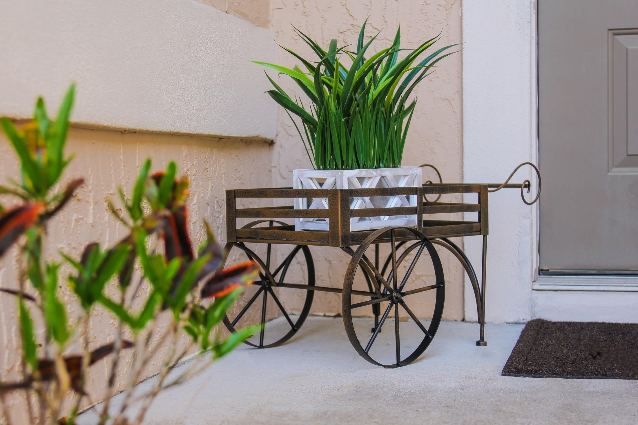Rustic Brown Metal Wagon Cart Plant Stand - Indoor Outdoor Flower Pot Holder - Garden Decor for Patio, Balcony & Home - Perfect for Succulents, Herbs & Decorative Plants