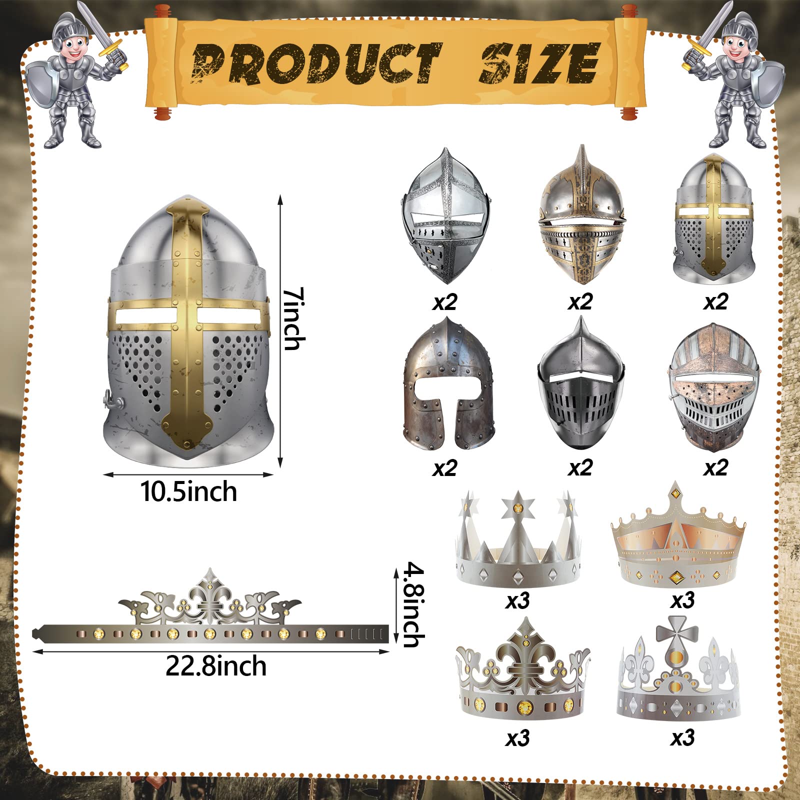 24 Pcs Medieval Knight Party Decorations - Paper Knight Masks, Helmets & Crowns for Kids - Crusader Samurai Soldier Costume Accessories - Perfect for Cosplay, Dress Up, Medieval Themed Parties & Birthday Favors