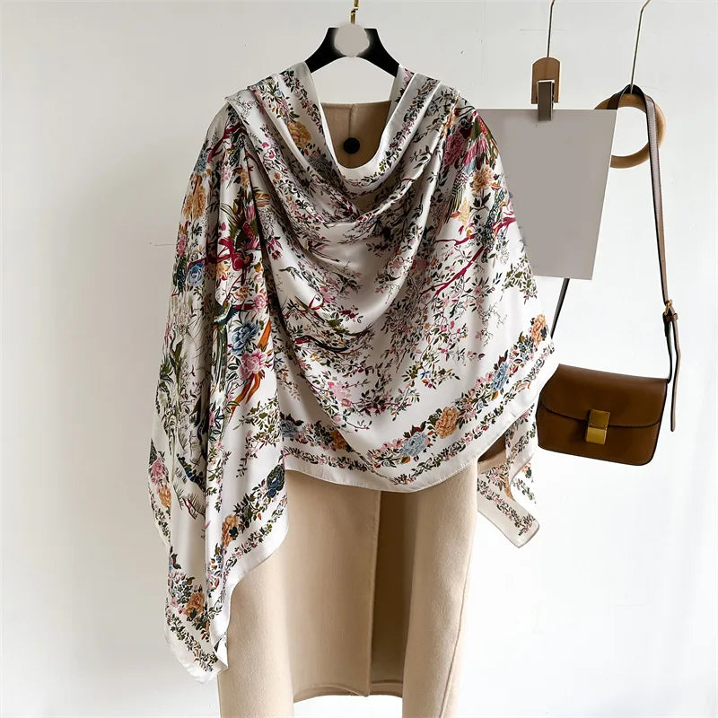 180x90cm Elegant Printed Large Silk Scarf for Women - Soft Sun Protection Shawl, Hijab, Bandana, Foulard - Perfect for Outdoor Activities, Beach, Travel and Fashion Accessories