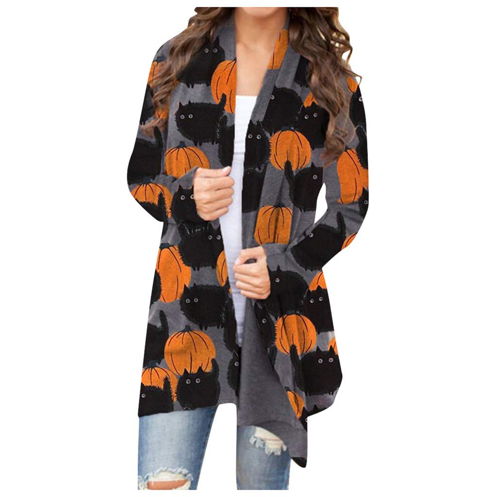 Women's Lightweight Halloween Cardigan - Funny Pumpkin Ghost Graphic Long Sleeve Open Front Coat | Cozy Fall Layering, Halloween Costume, Casual Outfit
