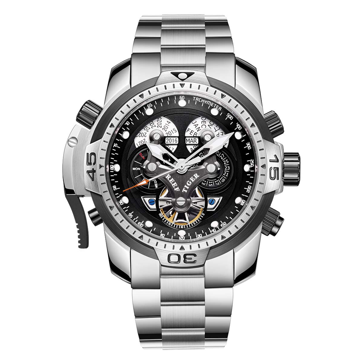 REEF TIGER Men's Luxury Sports Watch with Date & Day Complication - Black Dial Mechanical Bracelet Watch RGA3503 for Business, Casual & Outdoor Activities