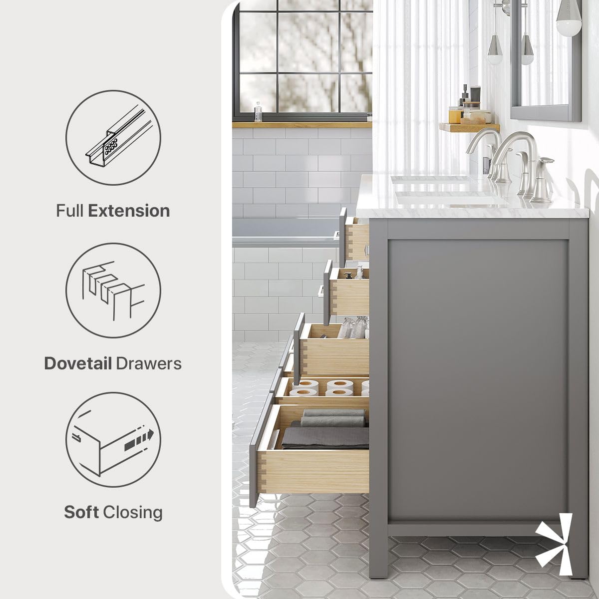 48 Inch Freestanding Bathroom Vanity with Gray Cabinet & Carrara Marble Top - Double Sink Vanity with Spacious Storage - Modern Wood Countertop Combo for Master Bath, Guest Bath & Powder Room