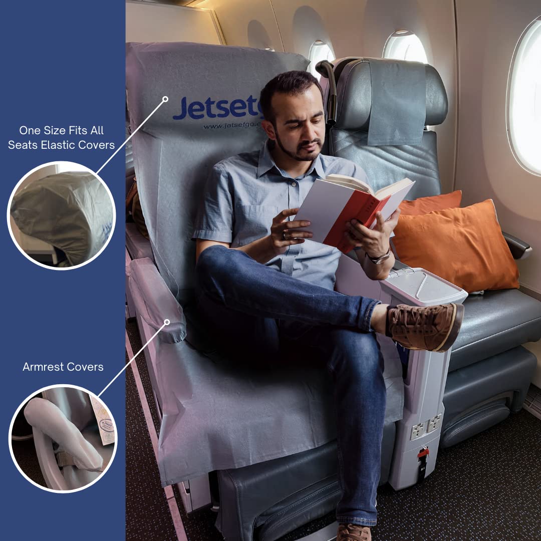 Jetsetgo Travel Safety Kit - 2 Full Sets Airplane Seat Covers, Armrest & Tray Table Protectors with Storage Pockets + 4 Sanitizing Wipes | Airplane Hygiene Essentials for Family Travel, Business Trips & Flight Protection