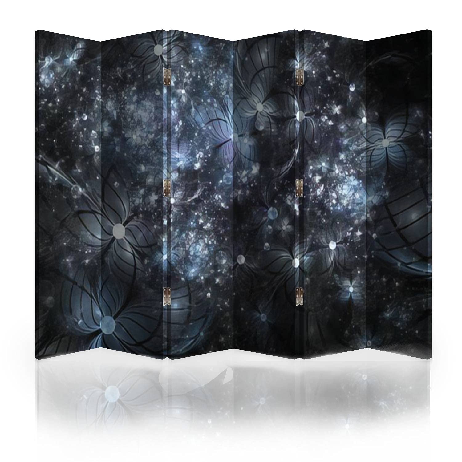 6-Panel Canvas Room Divider Screen - Abstract Exotic Grey & Blue Floral Black Fantasy Fractal Design | Folding Privacy Partition for Bedroom, Office & Studio | Room Separator & Wall Decor