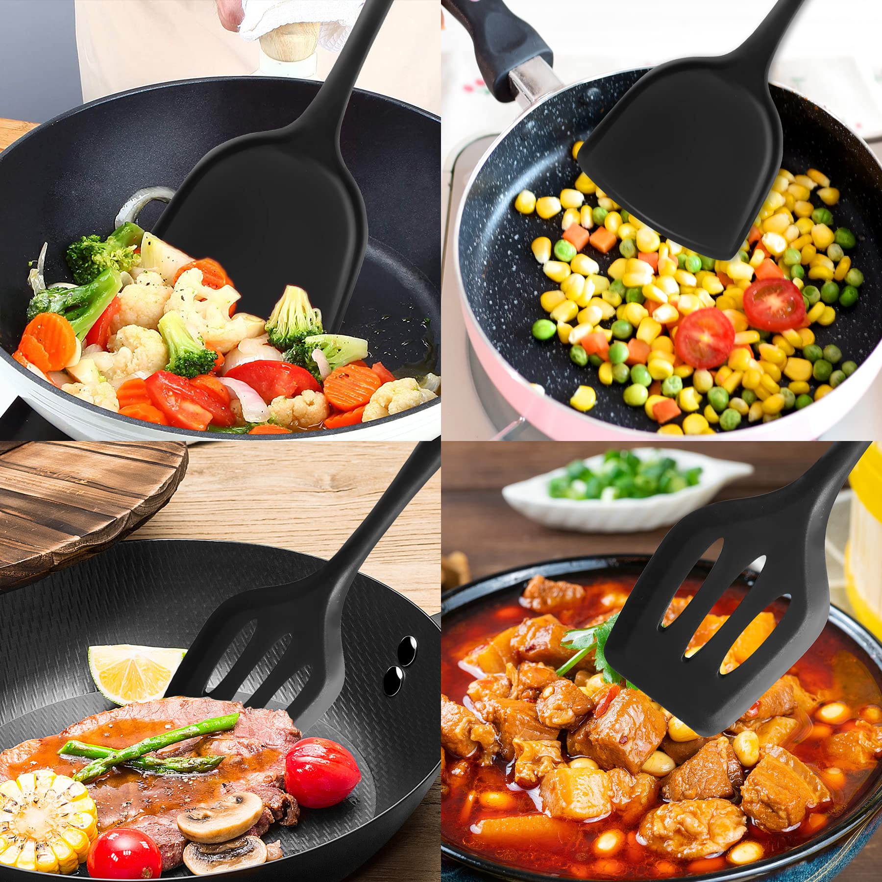FUKTSYSM 2-Piece Silicone Spatula Set - Heat Resistant Non-Stick Kitchen Utensils with Slotted Turner, Flexible Black Cooking Spatulas for Flipping Pancakes, Eggs & Grilled Cheese (Dishwasher Safe) - Perfect for Nonstick Pans, Baking & Sauteing