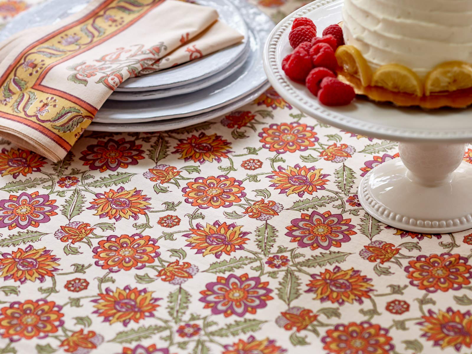 Orange Blossom Rectangle Hand Block Printed Tablecloth - 100% Cotton Luxurious Washable Table Cover for Kitchen, Dining & Coffee Table (70x120 Inches) - Perfect for Home Decor, Parties & Special Occasions