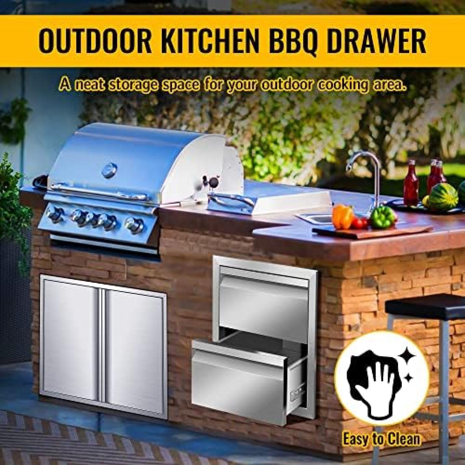 Stainless Steel Outdoor Kitchen Drawers - 14W x 15H x 23D Inch Flush Mount BBQ Storage Drawers for Grill Station & Patio Island - Double Layer Access Organization for Utensils, Spices & BBQ Tools - Perfect for Backyard Entertaining & Outdoor Cooking