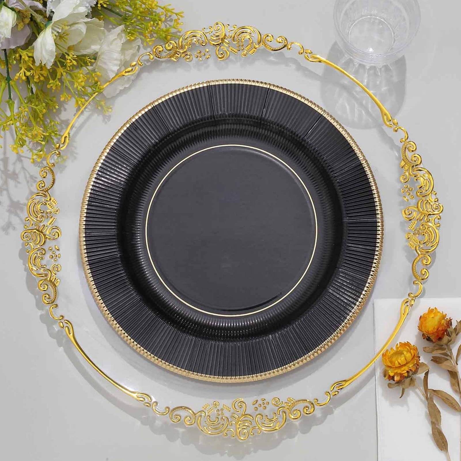 Efavormart 25 Pack Metallic Black Sunray 10 Inch Disposable Dinner Plates - Heavy Duty 350 GSM for Parties, Weddings, and Special Events