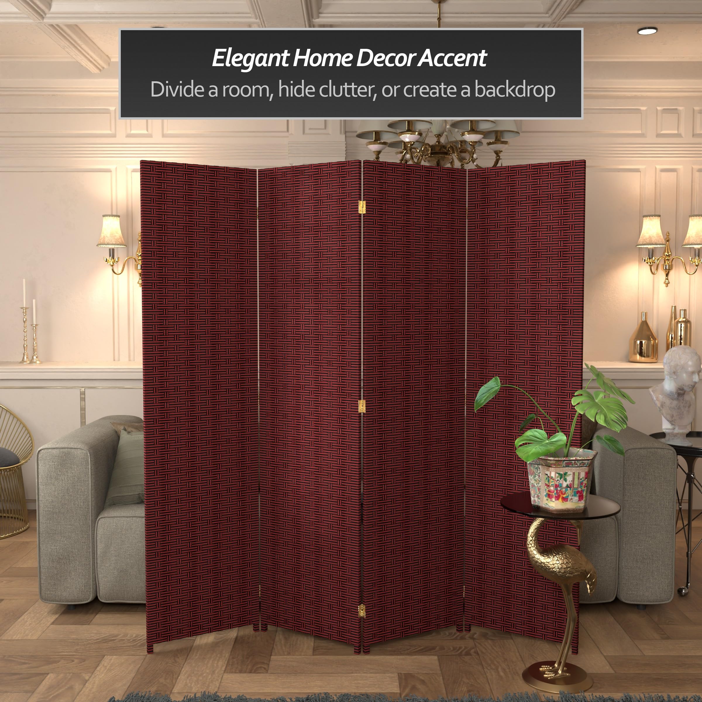 6 ft Tall Red and Black Woven Fiber Room Divider - 4 Panel Folding Privacy Screen for Home, Office, or Outdoor Use